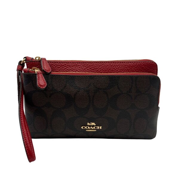 Coach Red And Brown Coated Canvas Double Zip Wristlet - Picture 1 of 10